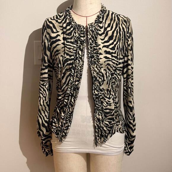 Joseph Ribkoff Tops - Joseph Ribkoff Zebra Print Full-zip Long Sleeve Jersey Ruffled Shirt Women's 14